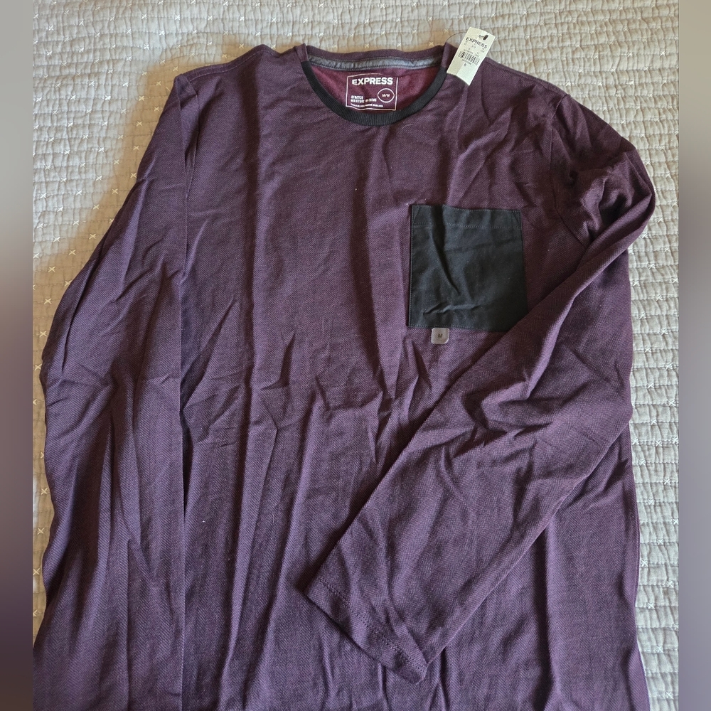 Express Men's Dark Purple Long Sleeve Tee with Black Pocket